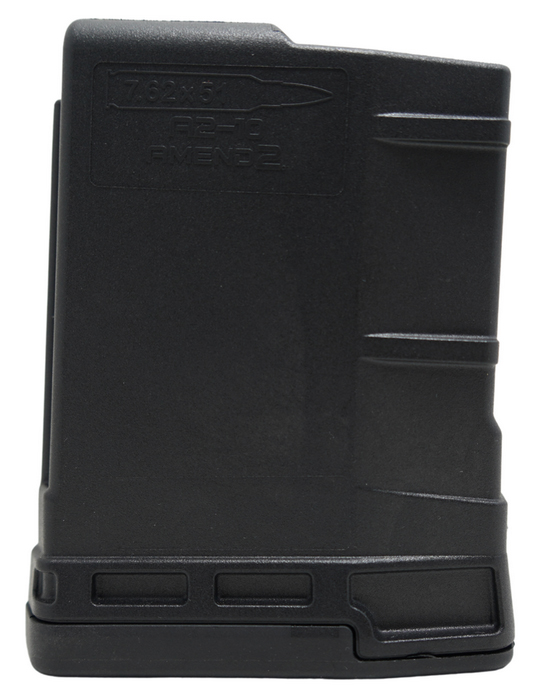Black 7.62mm rifle magazine on white background