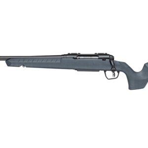 Black bolt-action rifle with synthetic stock on white background