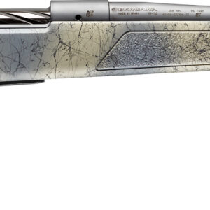 Close-up of a camouflaged Bergara bolt-action rifle