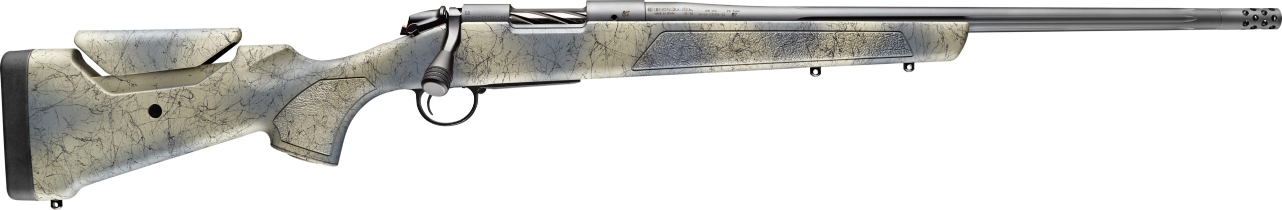 Close-up of a camouflaged Bergara bolt-action rifle