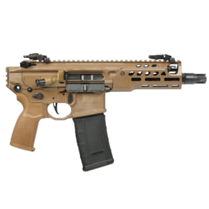 Close-up of tan tactical rifle receiver and magazine
