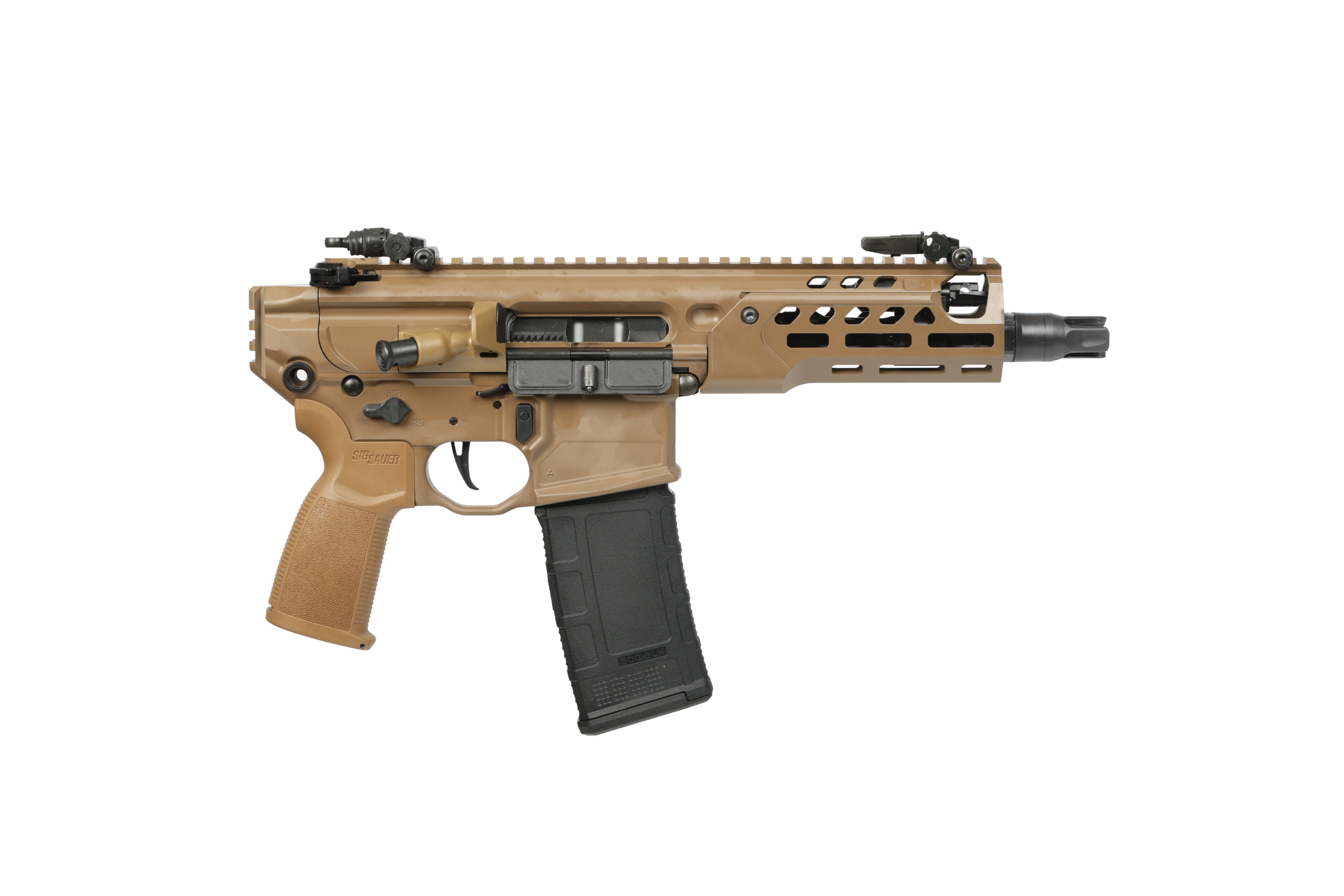 Close-up of tan tactical rifle receiver and magazine