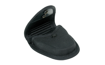Open black nylon pouch with snap closure