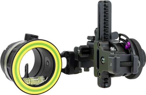 Black archery bow sight with bright green aiming ring