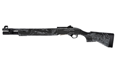 Black bolt-action rifle with gray marbled stock