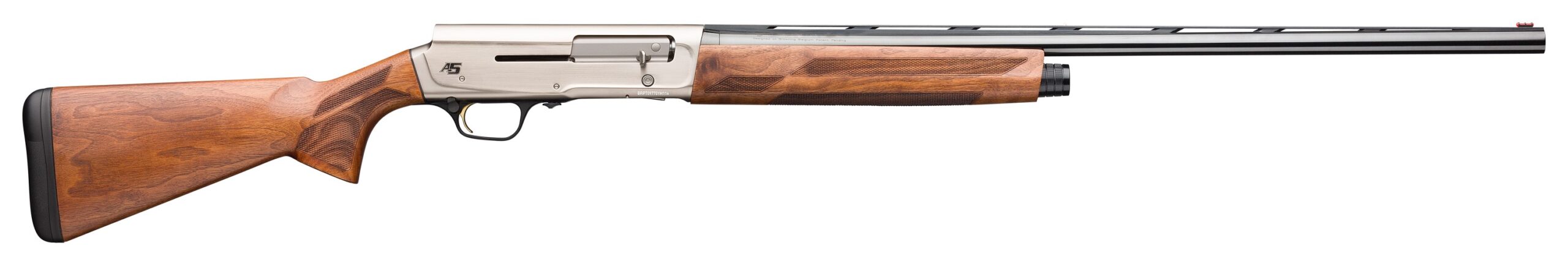 Wood-stock semi-automatic shotgun shown in side profile