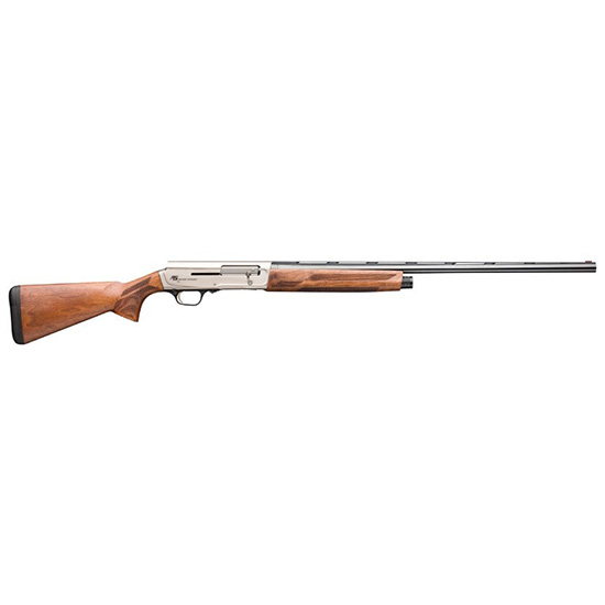 Wood-stocked semi-automatic shotgun on white background