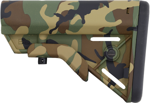 Camouflage-patterned adjustable rifle stock with black rubber buttpad