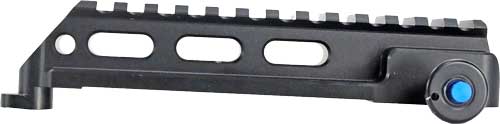 Black tactical firearm handguard with blue adjustment knob