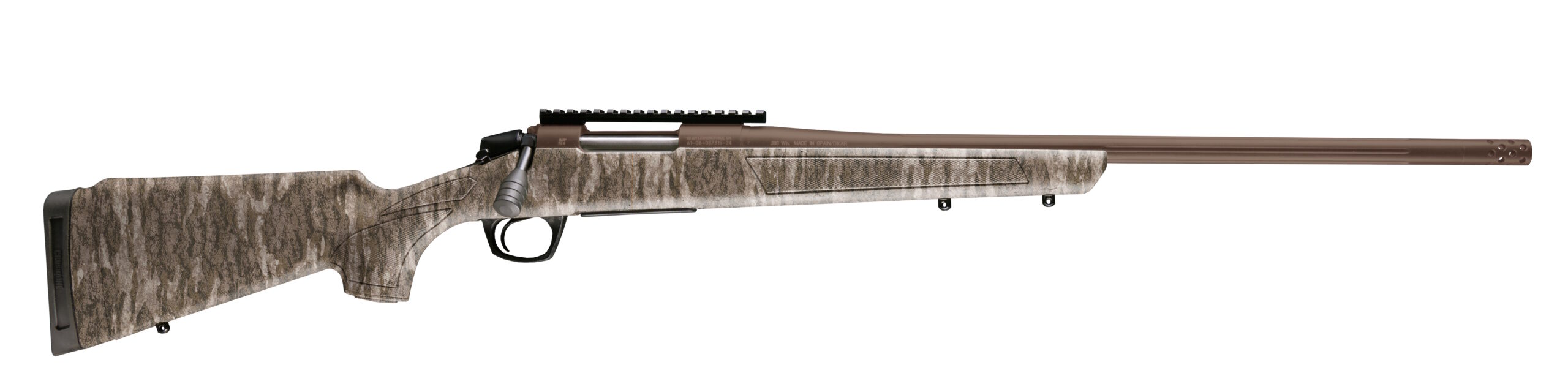 Close-up of camouflaged bolt-action hunting rifle