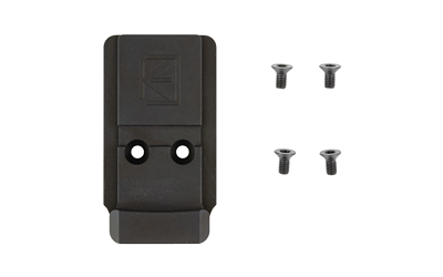 Black mounting bracket with four screws on white background