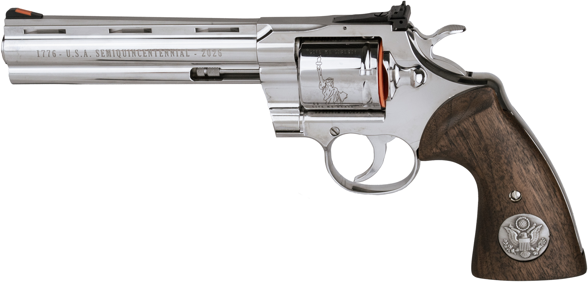 Engraved commemorative revolver with wooden grip and American seal