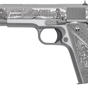 Engraved silver 1911 pistol with commemorative anniversary inscription