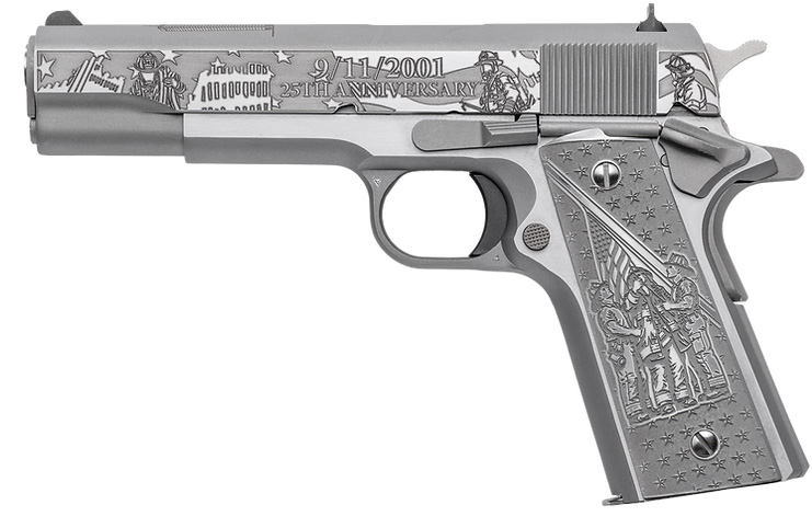 Engraved silver 1911 pistol with commemorative anniversary inscription