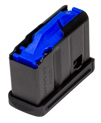 Black firearm magazine with blue follower insert