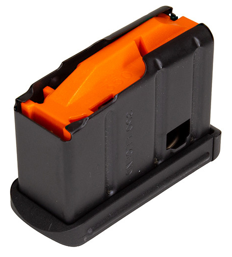 Black firearm magazine with orange follower