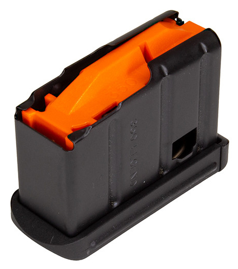Black rifle magazine with bright orange follower