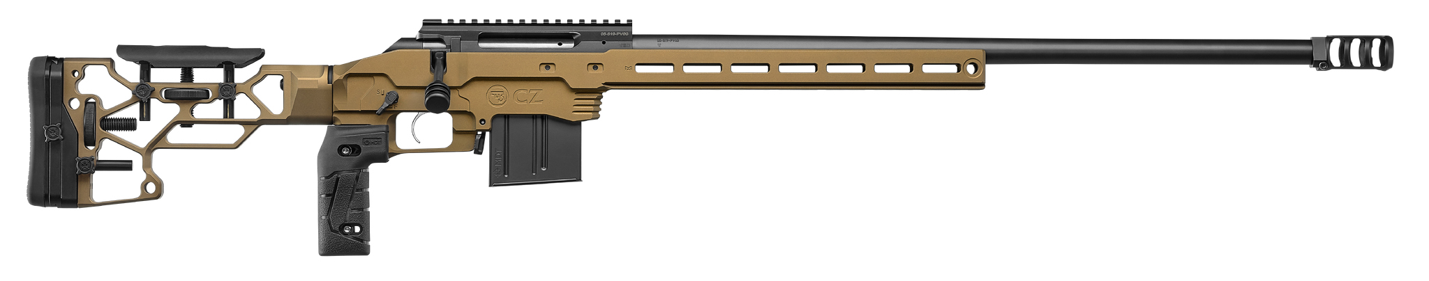 Tan CZ bolt-action precision rifle with black barrel