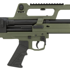 Olive green tactical bullpup-style firearm on white background