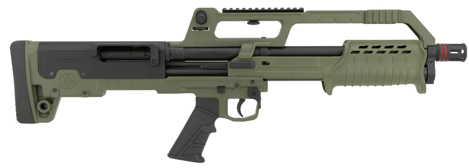 Olive green tactical bullpup-style firearm on white background
