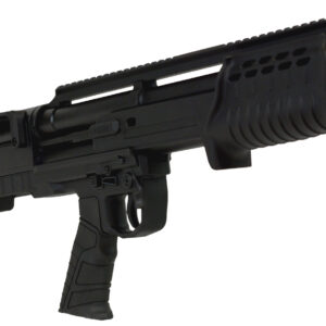 Black tactical bullpup shotgun on white background