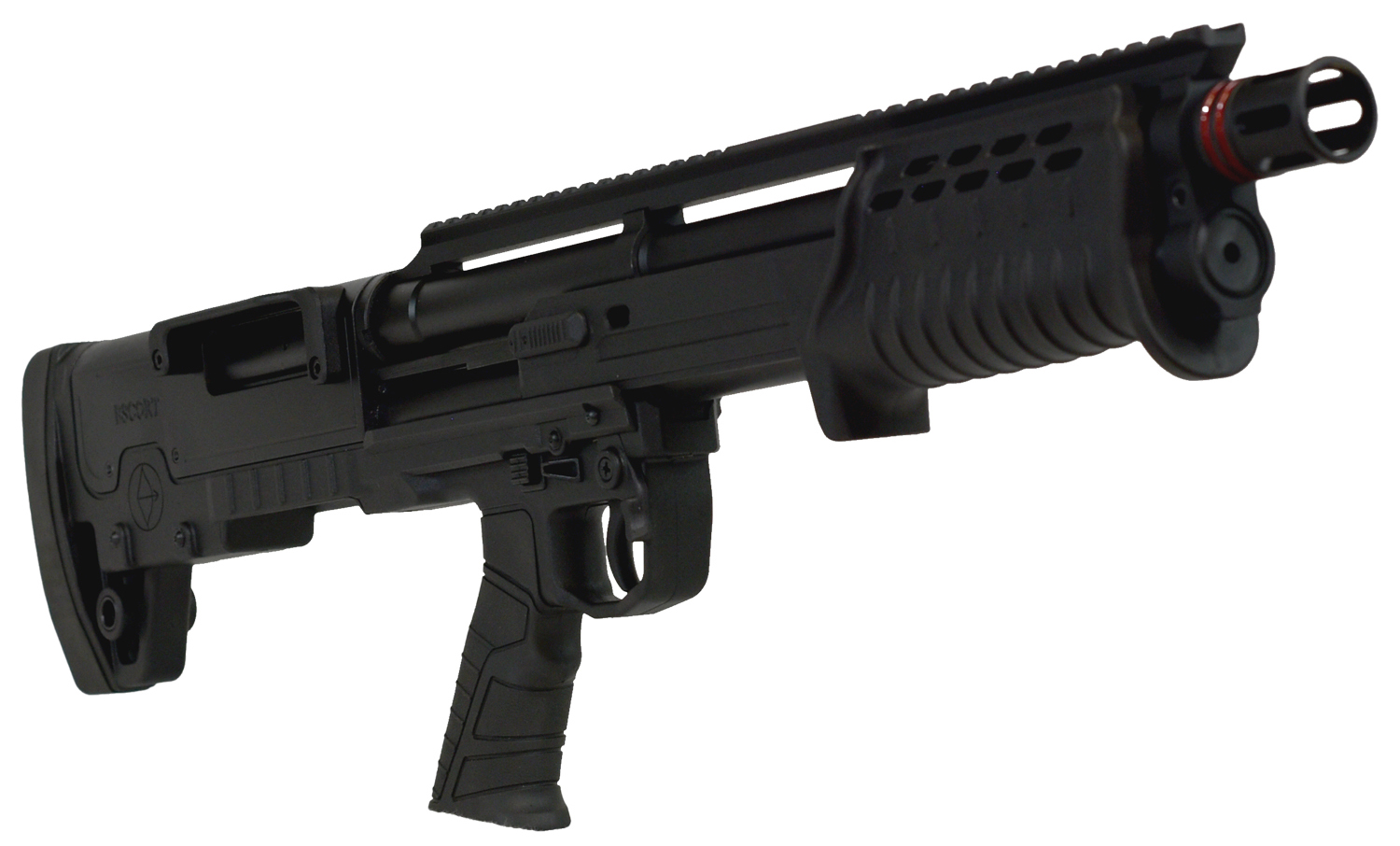 Black tactical bullpup shotgun on white background