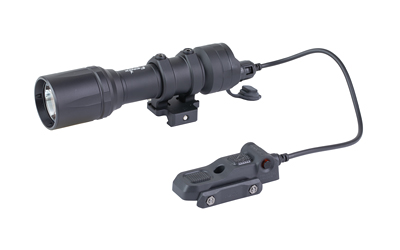 Black tactical flashlight with wired remote pressure switch