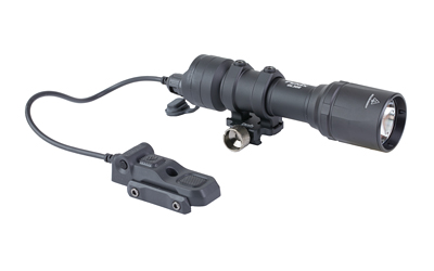 Black tactical flashlight with remote pressure switch