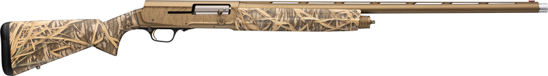 Camouflage-pattern semi-automatic shotgun on white background