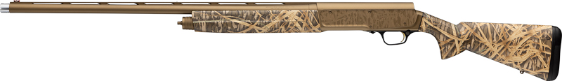 Camouflage-patterned semi-automatic shotgun with extended barrel
