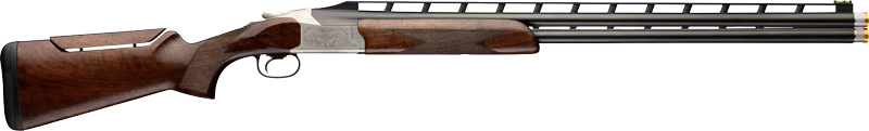 Side view of engraved over-under shotgun with wooden stock