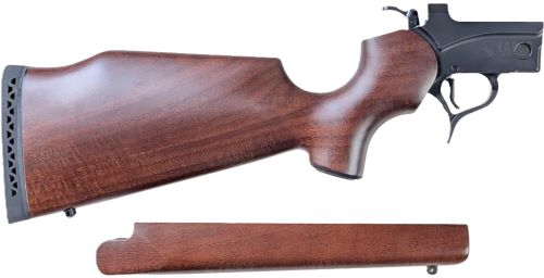 Wooden rifle stock and fore-end attached to black receiver