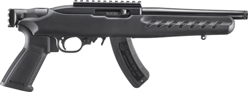 Black Ruger firearm with pistol grip and curved magazine