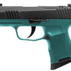 Teal and black compact semi-automatic pistol