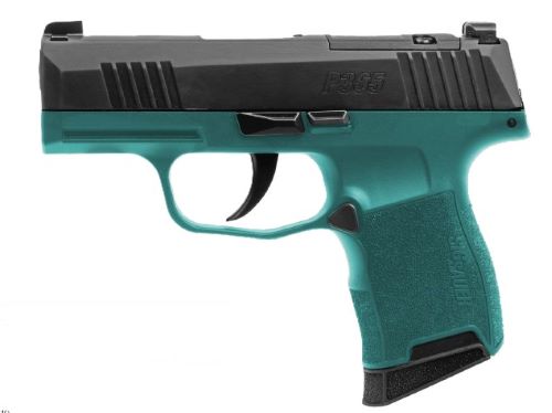 Teal and black compact semi-automatic pistol