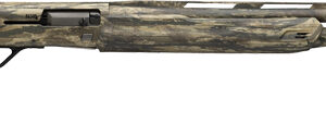 Camouflage-patterned semi-automatic shotgun shown in side profile