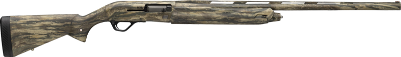 Camouflage-patterned semi-automatic shotgun shown in side profile