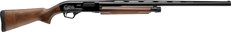 Side view of a wooden-stock semi-automatic shotgun