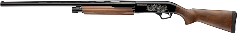 Walnut-stock semi-automatic shotgun on white background