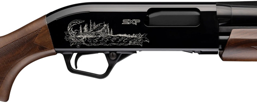 Engraved black shotgun receiver with wooden stock and fore-end