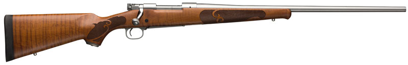Wood-stock bolt-action rifle with long barrel