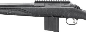 Black bolt-action rifle with detachable magazine on white background