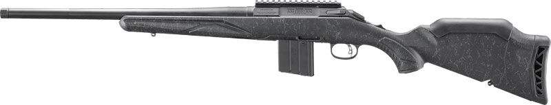 Black bolt-action rifle with detachable magazine on white background