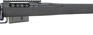 Black bolt-action rifle with synthetic stock and top rail