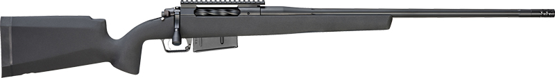 Black bolt-action rifle with synthetic stock and top rail