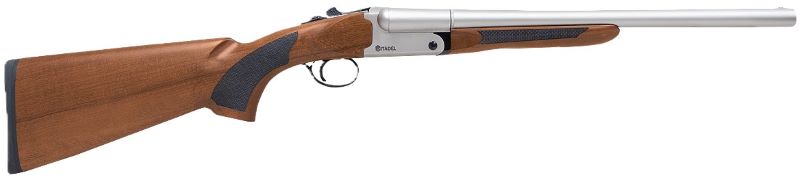 Side view of a wooden-stock over-under shotgun