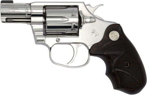 Polished stainless steel revolver with dark wood grip