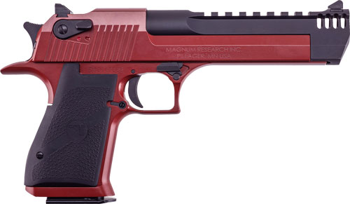 Red and black semi-automatic handgun side profile