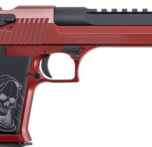 Red and black semi-automatic pistol with skull grip