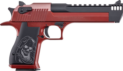 Red and black semi-automatic pistol with skull grip